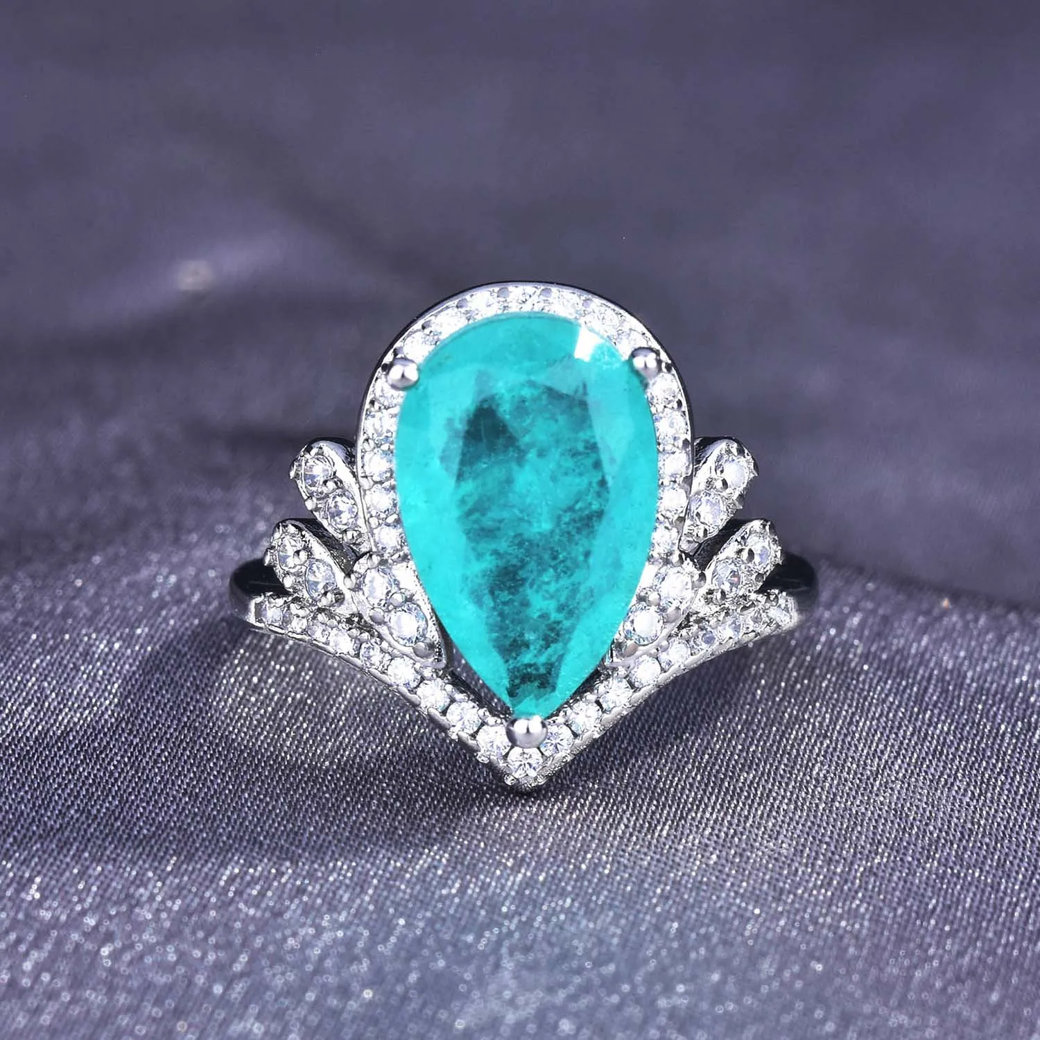 Luxury Crown High Carbon Diamond Droplet Tourmaline Crystal Simulation Paraiba Color Treasure Open Silver Ring