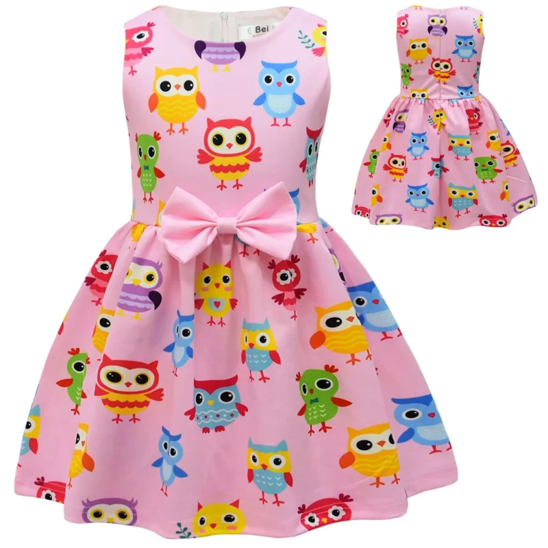 Abito con stampa gufo cartone animato neonata abito da principessa grafico kawaii compleanno per bambini costume da festa di Natale prendisole con fiocco estivo