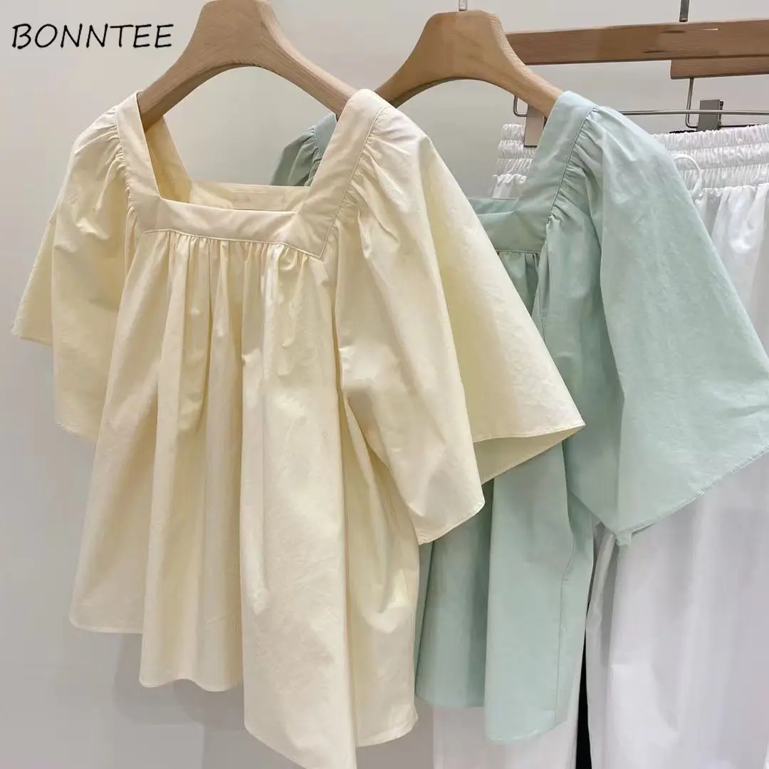 Blouses Women Square Collar Temperament Holiday Summer Lady Korean Version Casual Loose-fitting Design Elegant Blusas Stylish