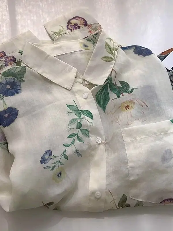Retro Floral Print Chiffon Casual Shirt Women's Long Sleeve Thin Summer Spring Outerwear Cardigan Versatile Sun Protection