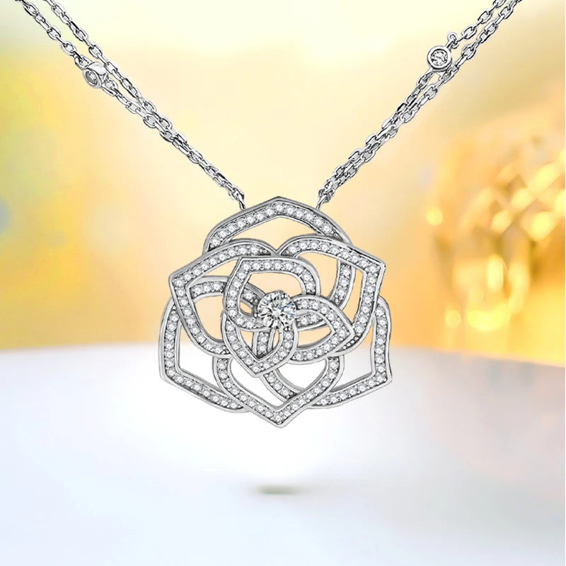 

Camellia 925 Sterling Silver Pendant Set with High Carbon Diamonds for Women, Unique Design, High Grade Wedding Jewelry