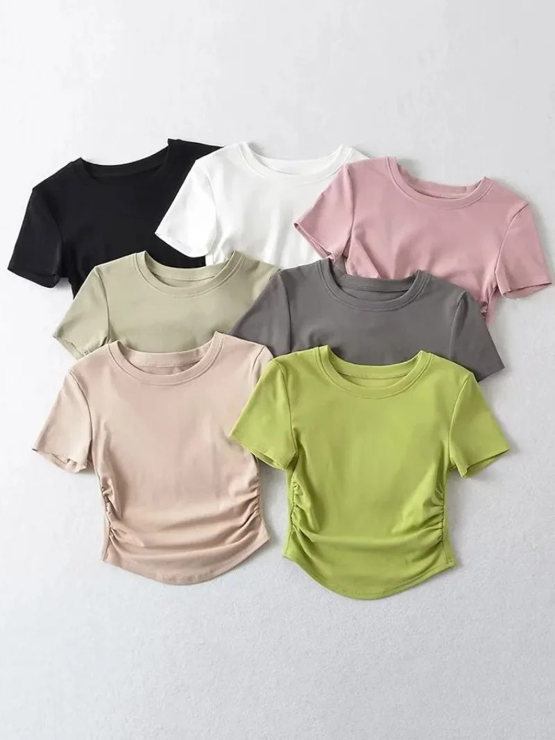 

2024 Harajuku Women Crew Neck Short Sleeve Cotton Tee With Ruched Sides Detail T-shirts