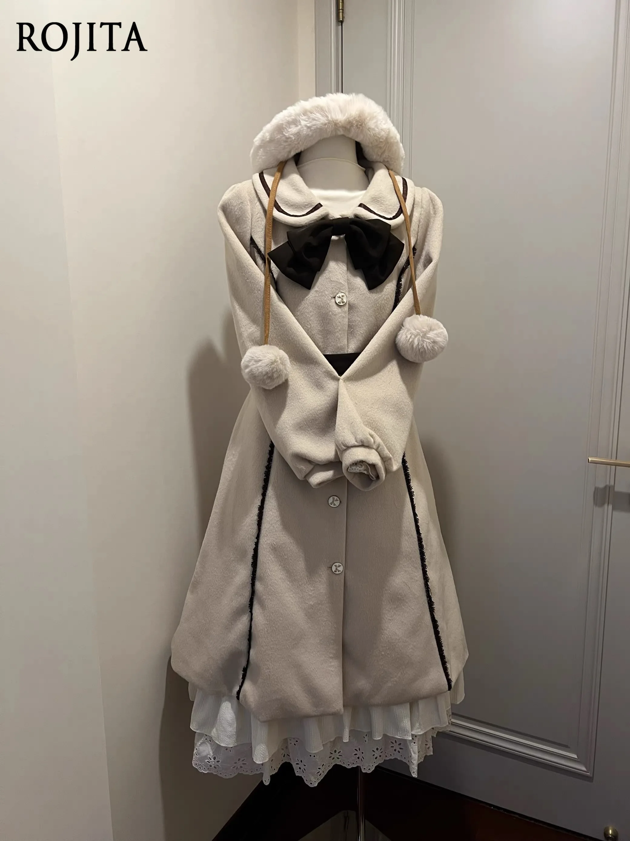 

Japanese Style Bowknot Doll Collar Waist-Cinching Long Coat Sweet Cute Autumn Winter New College Style Jacket for Women