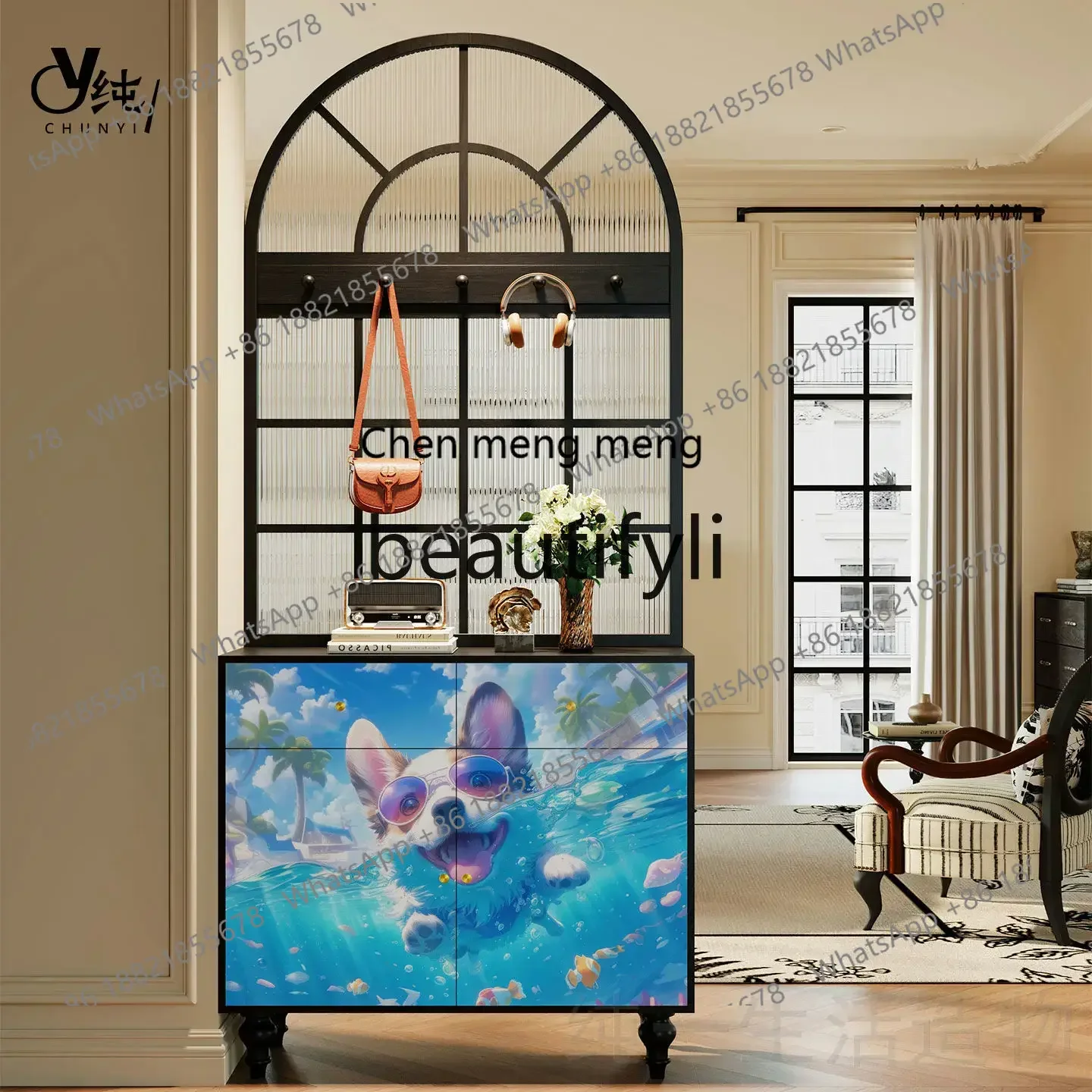 A32 Cartoon Screen Partition Living Room Changhong Glass Entryway Cabinet Cream Solid Wood Storage Cabinet