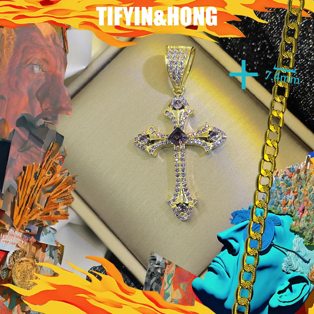 New men's necklace paired with diamond cross pendant, 18K gold-plated, exquisite packaging, and hip-hop gang decoration