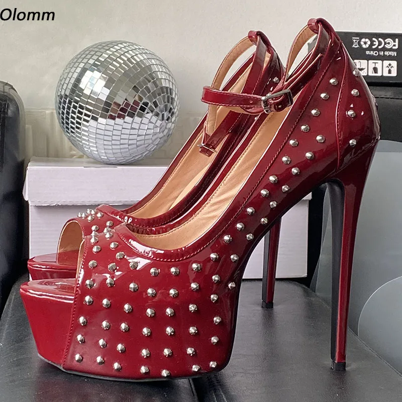 

Olomm Handmade Women Platform Pumps Studded Sexy Stiletto Heels Peep Toe Pretty Burgundy Cosplay Shoes Ladies Plus US Size 5-20