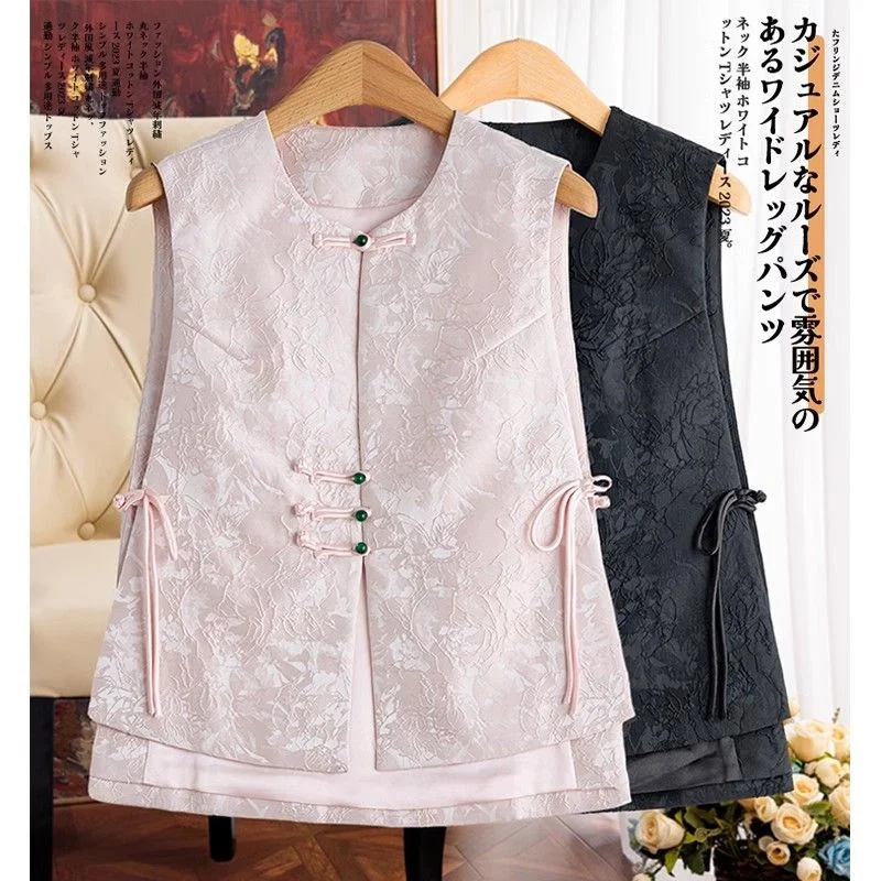 Women Vest New Chinese Style Buckle Vest new Retro Sleeveless Jacquard Shirt Embroidered National Wind Vest With Short Outside