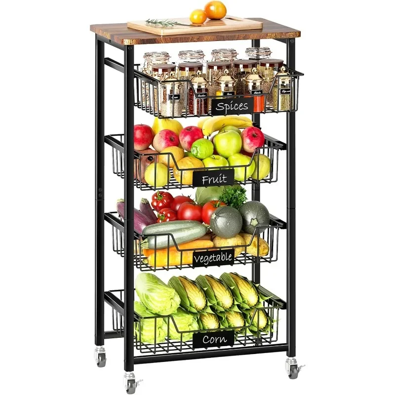 5-Tier Kitchen Storage Rolling Cart on Wheels with Pull-Out Baskets and Wood Top for Kitchen Diningroom Pantry