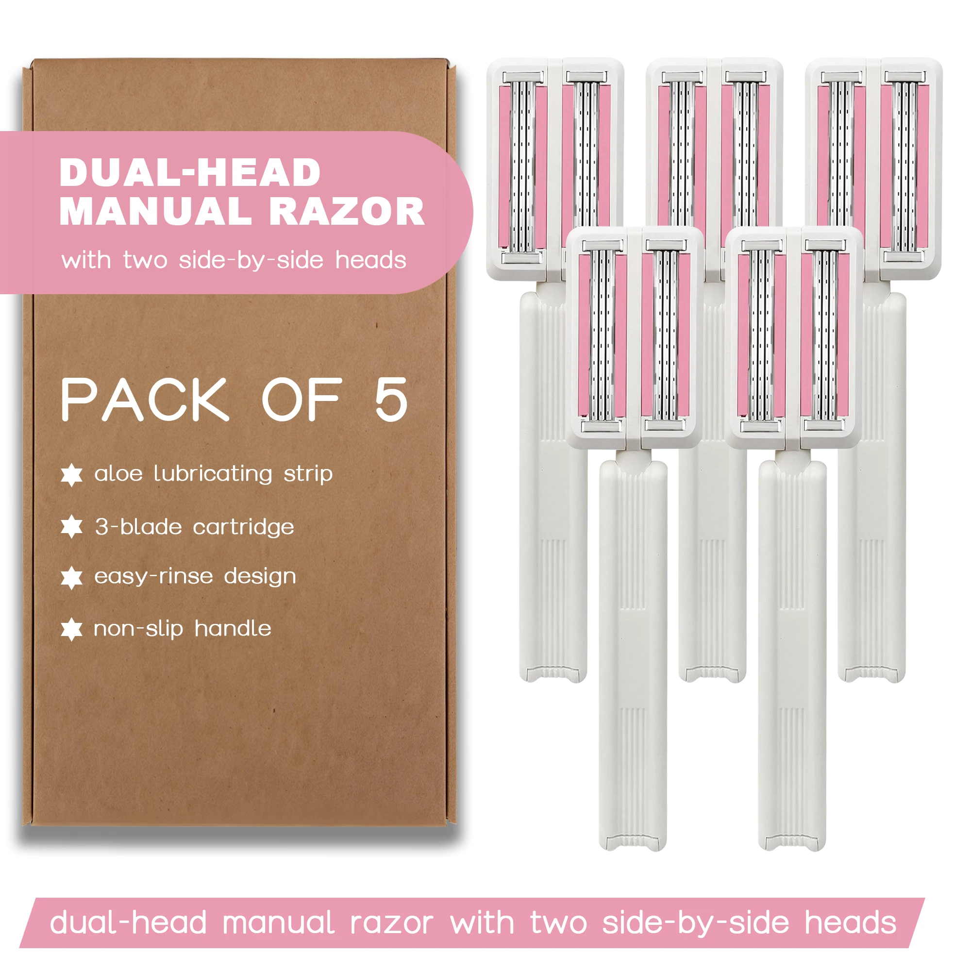 5 Pack Dual-Head Manual Razor, 2 Detachable 3-Blade Cartridges, Aloe Vera Lubricating Strip, Non-Slip Handle, Easy Clean Shaving