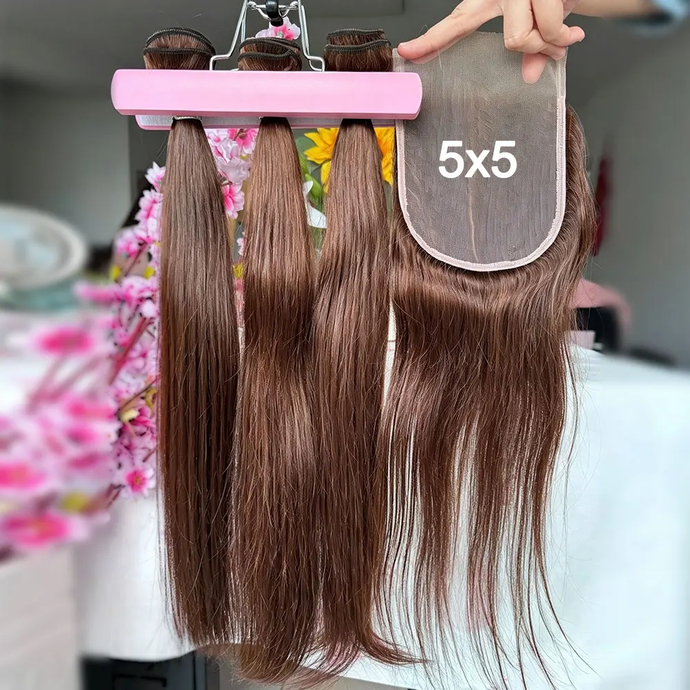 Straight Bundles With Closure 5x5 Chocolate Brown Human Hair Closure With Weave Bundles 100% Raw Hair Bundles Deals And Closure