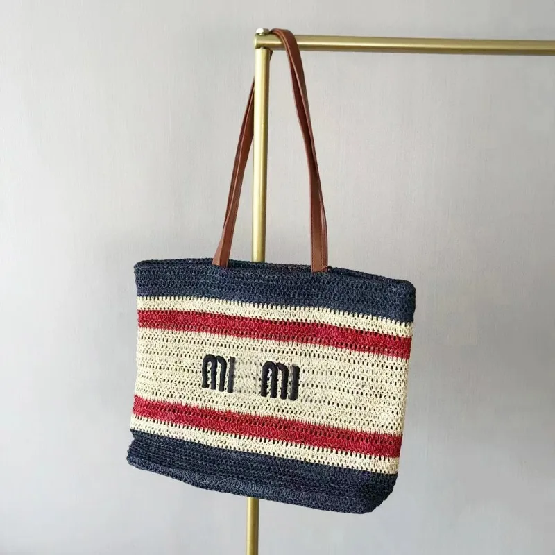 

Large Capacity Beach Shopping Bags Colorful Striped Tote Bag French Embroidery Shoulder Bags Vacation Plaited Raffia Straw Bag