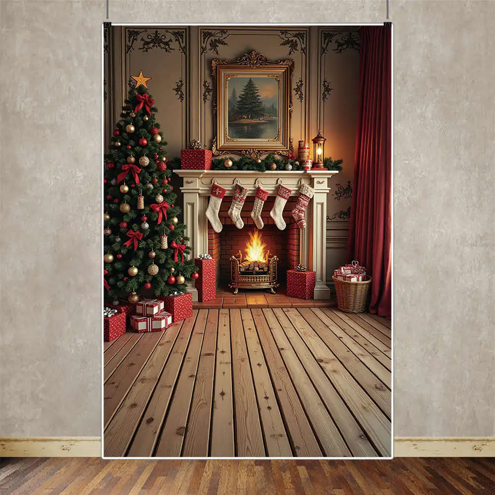 MOON.QG Christmas Photography Backdrop Brick Fireplace Tree Background Children\'s Village Home Photo Studio Photocall Supplier