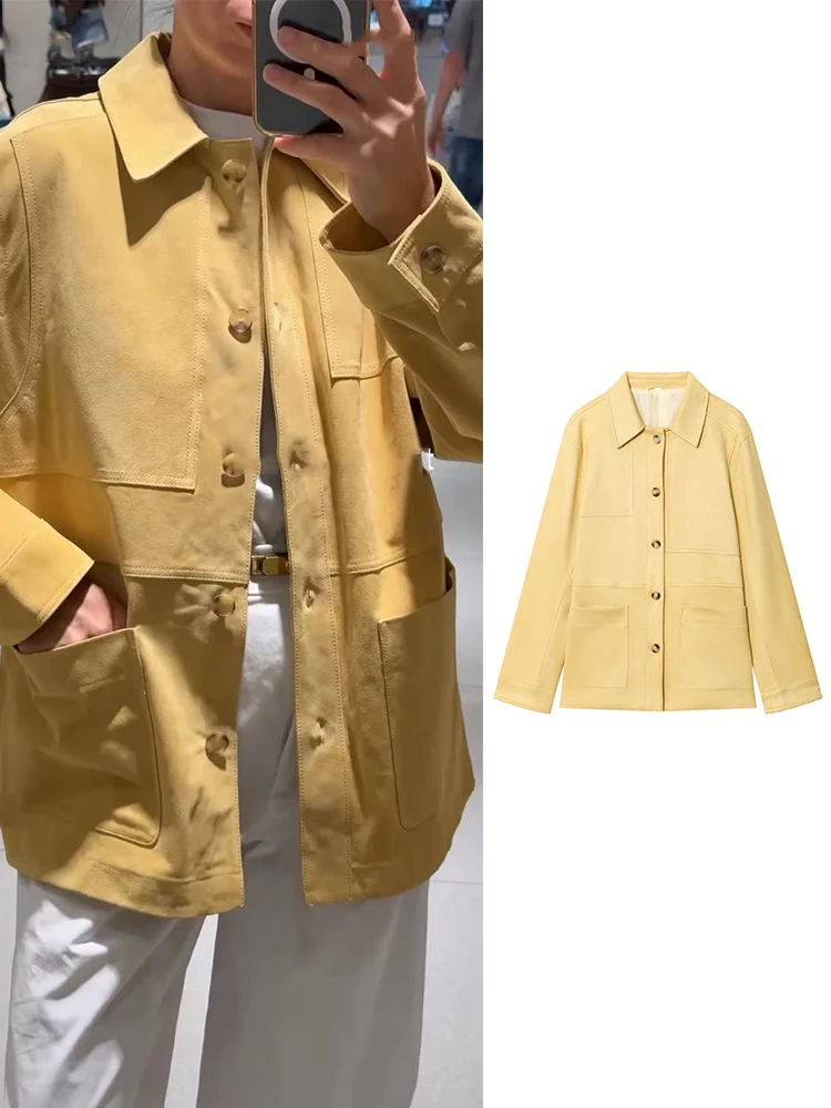 

TFMLN Autumn New Lady Loose Jacket Lapel Suede Full Sleeve Coat Women Fashion Lapel Single Breasted Pocket Daily Office Jacket