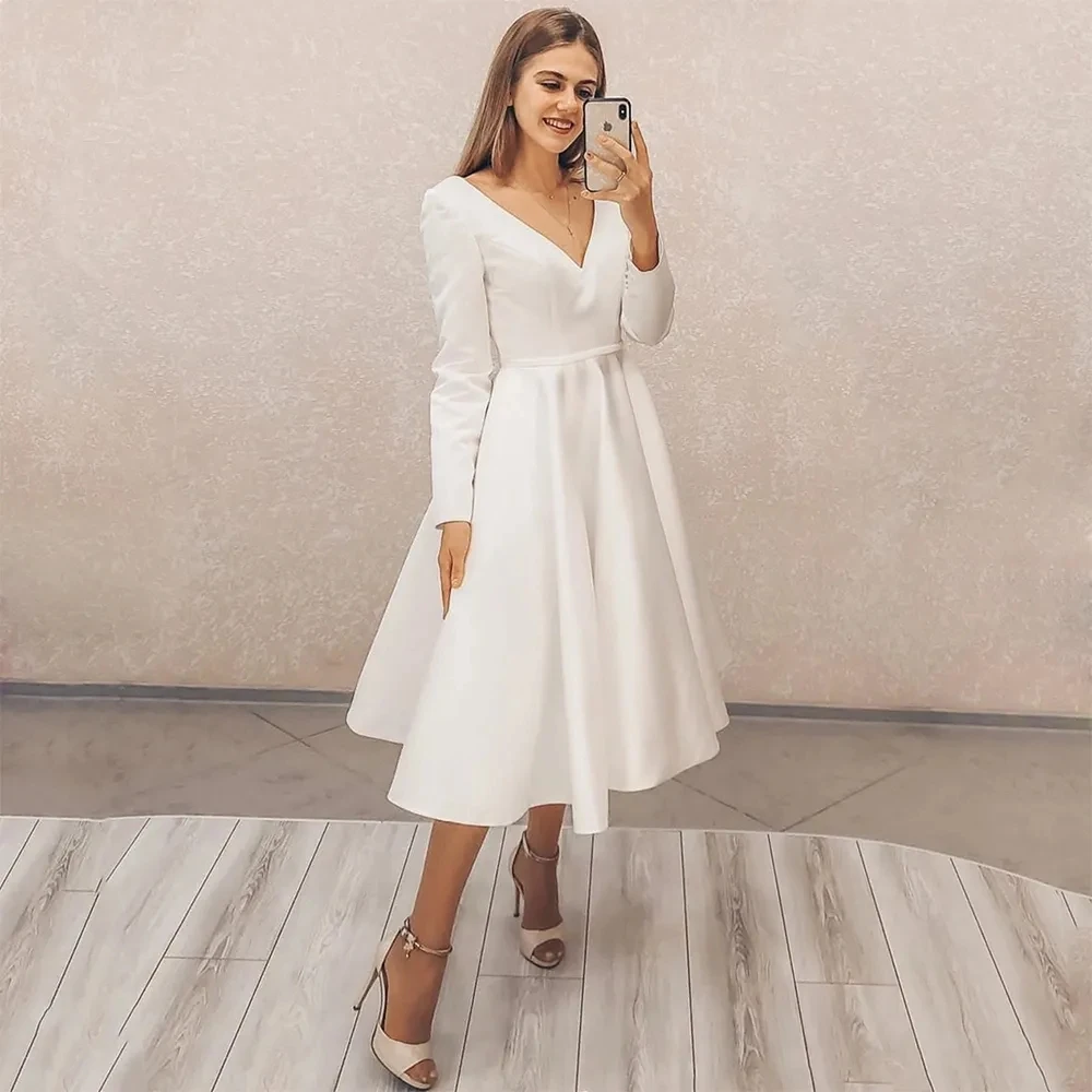 

Modest Long Sleeves Wedding Dresses V Neck Tea Length Satin Formal Bridal Party Gowns Outdoor Garden Robe De Mariée