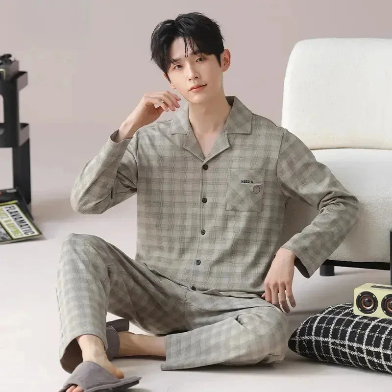 

Мужской домашний комплект из бамбука: повседневная пижама с длинным рукавом, клетчатая верхняя одежда, осенняя новинка, комфортная, популярная модель