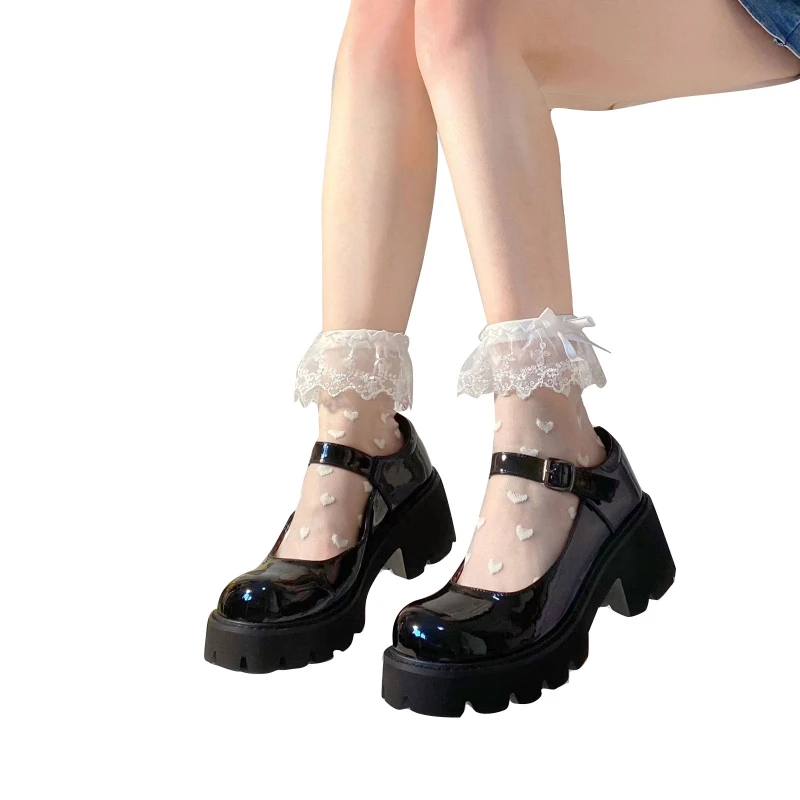 Women Lolita Transparent Mesh Crew Socks Sweet Ruffled Lace Trim Bowknot Cute Love Heart Pattern Anime Princess Hosiery