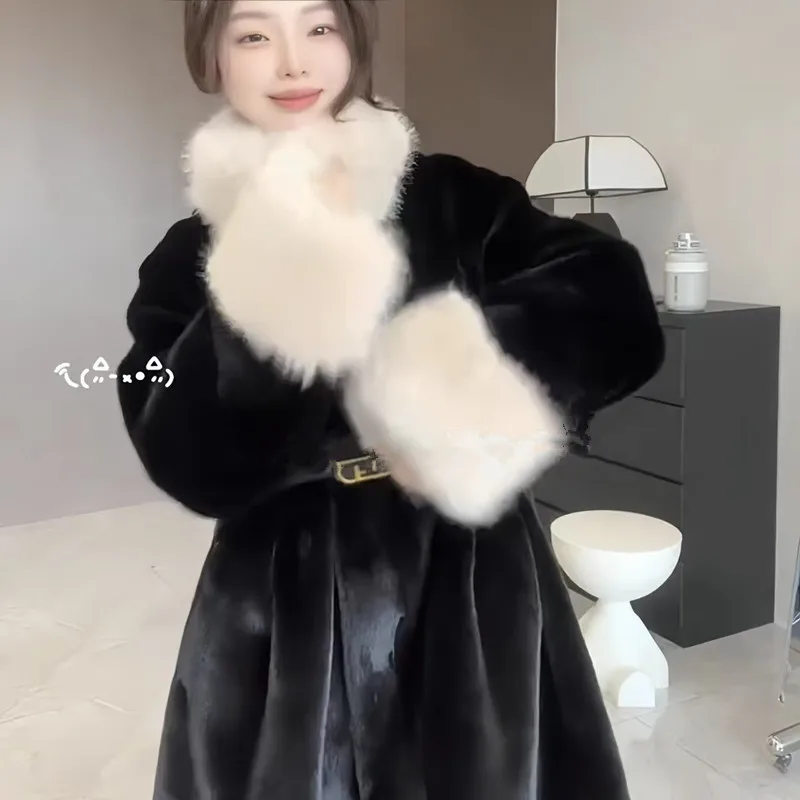 Faux Mink Fur Coatสําหรับผู้หญิง,ปุ่มปิดแจ็คเก็ต,หลวมSplicedยาวเสื้อกันหนาว,สไตล์อังกฤษ,เสื้อผ้าหญิง,ใหม่,ฤดูหนาว