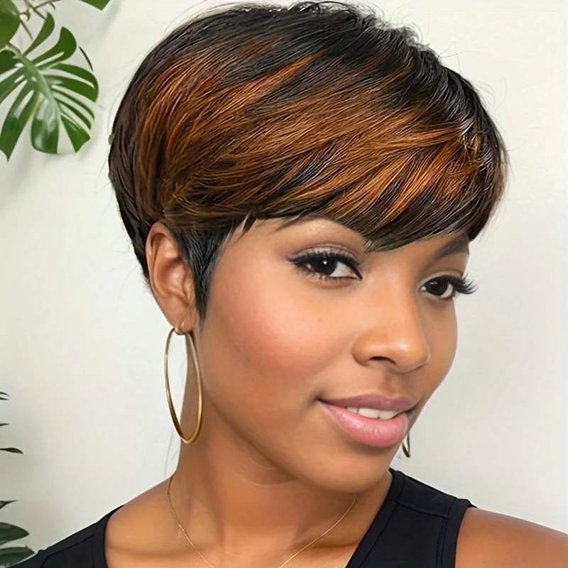 short straight pixie cut human hair wig machine made remy hair wigs for women natural black/1b30 color 150% density 6inch