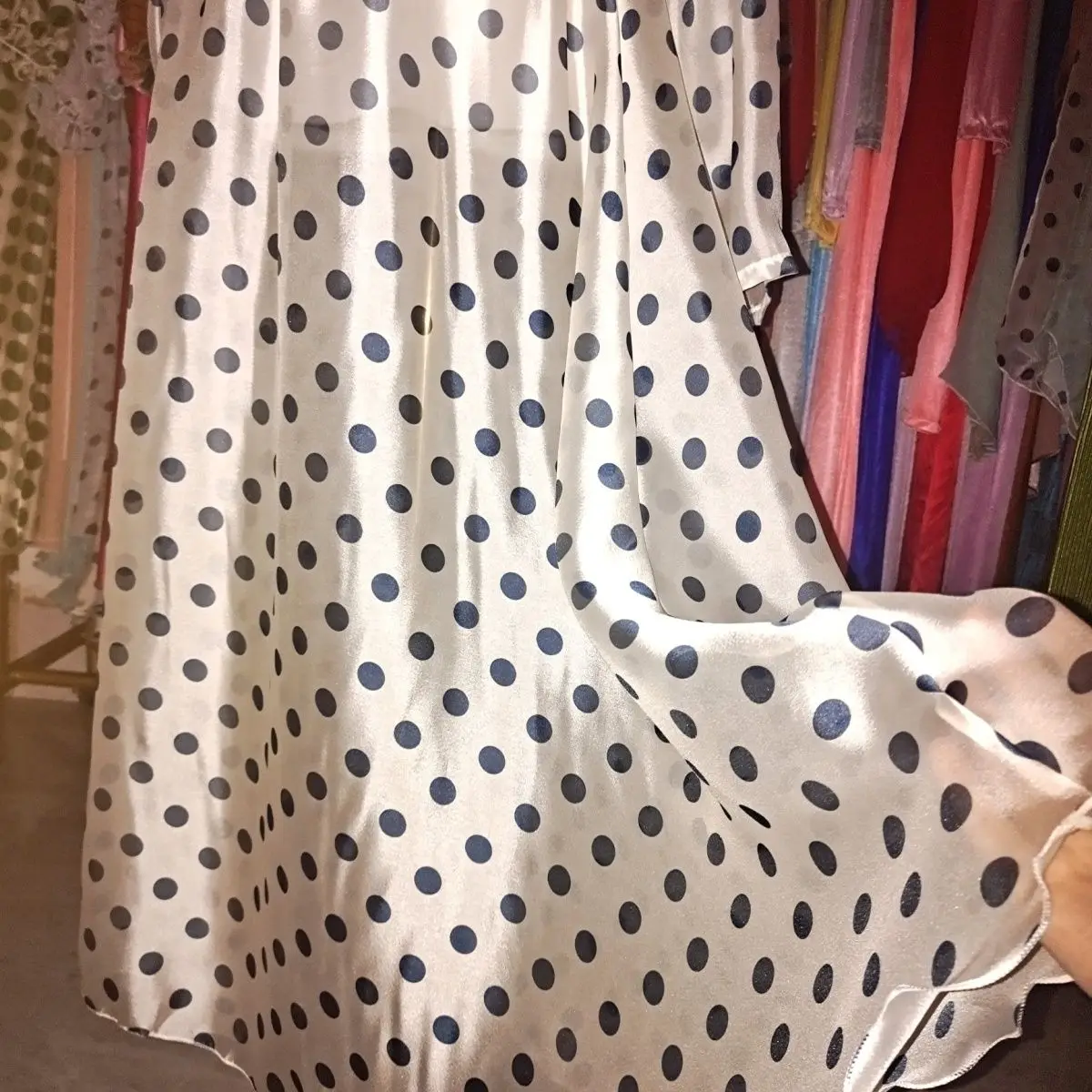 Glossy See Through Polka Dot Ultra Thin Women Satin Long Sleeve Long Dress Loose Ruffles Dress Sleeping Robe