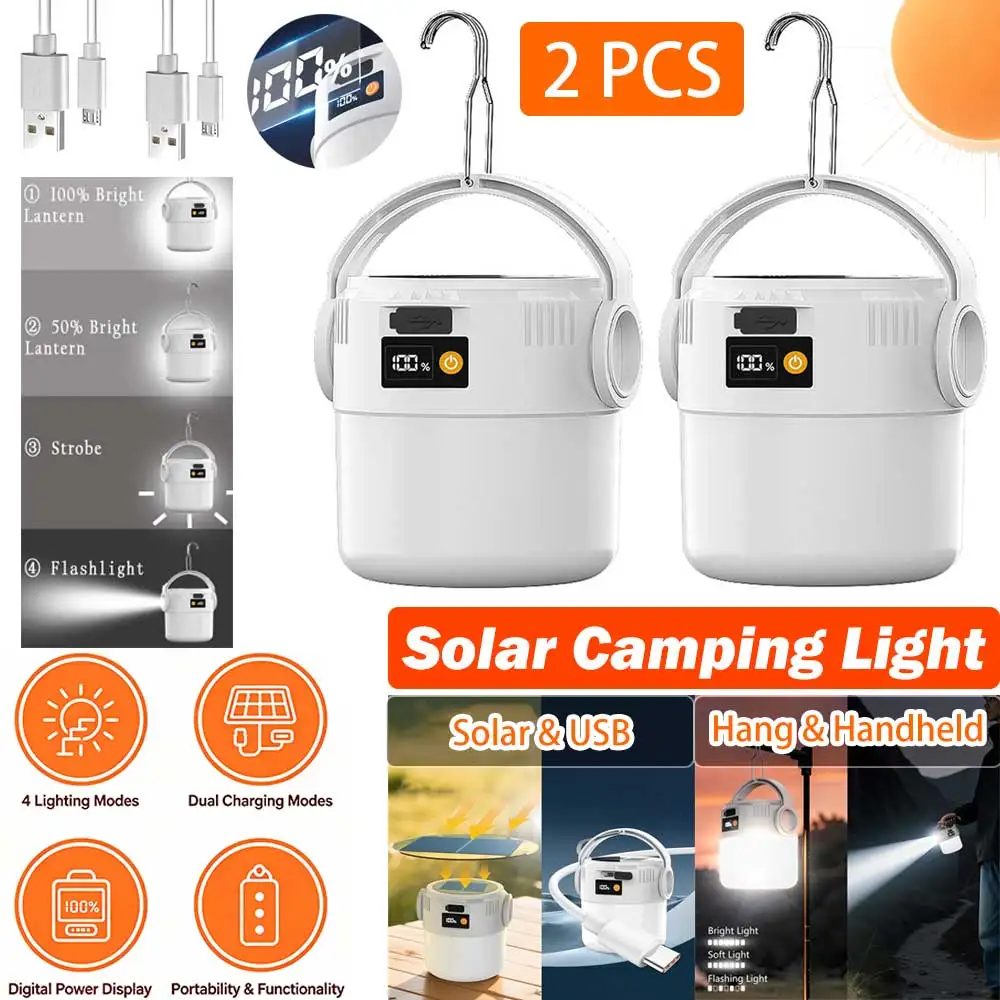 2Pcs LED Light Solar Powered Light, USB Rechargeable Ultra Bright Camping Light Handheld Design Multi Functional Emergency Light