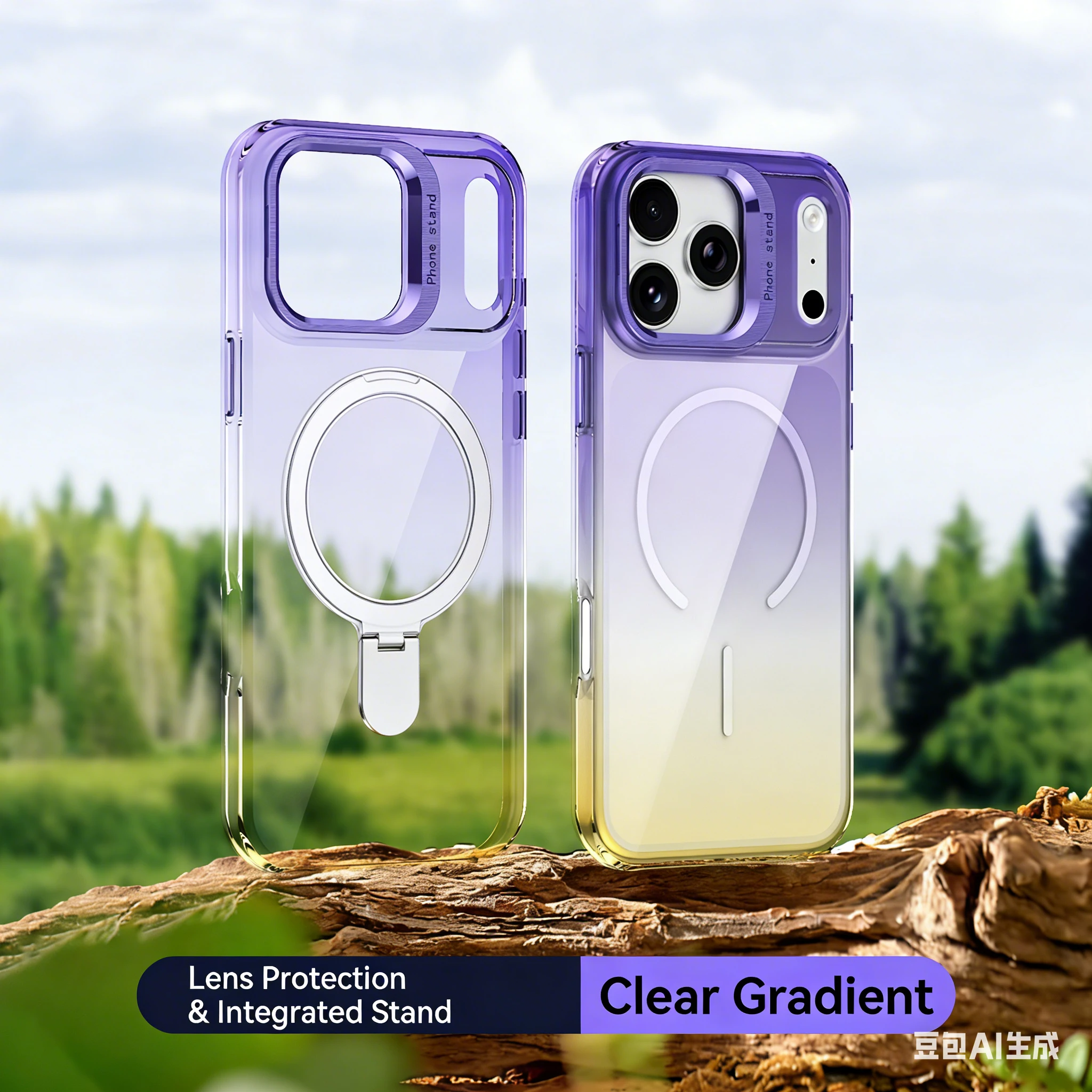 

For iPhone 17 Pro Max Case Gradient Lens Stand Magnetic Protective Transparent Shockproof Anti-Yellow with iphone 16 15 14 13