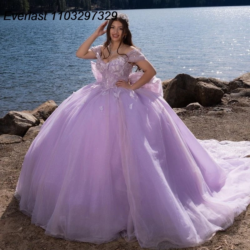 

EVLAST Customized Mexico Lavender Quinceanera Dress Ball Gown Butterfly Applique Beading Bow Sweet 15 Vestido De 15 Anos TQD582