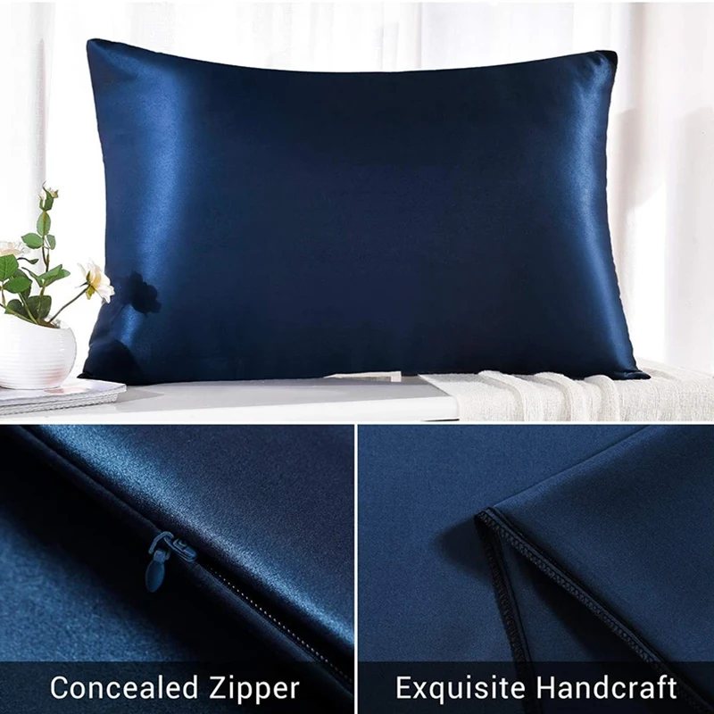 

AT13 Both Sides Natural Pure Silk Pillowcase for Hair and Skin, 600 Thread Count 50X75cm-Navy Blue