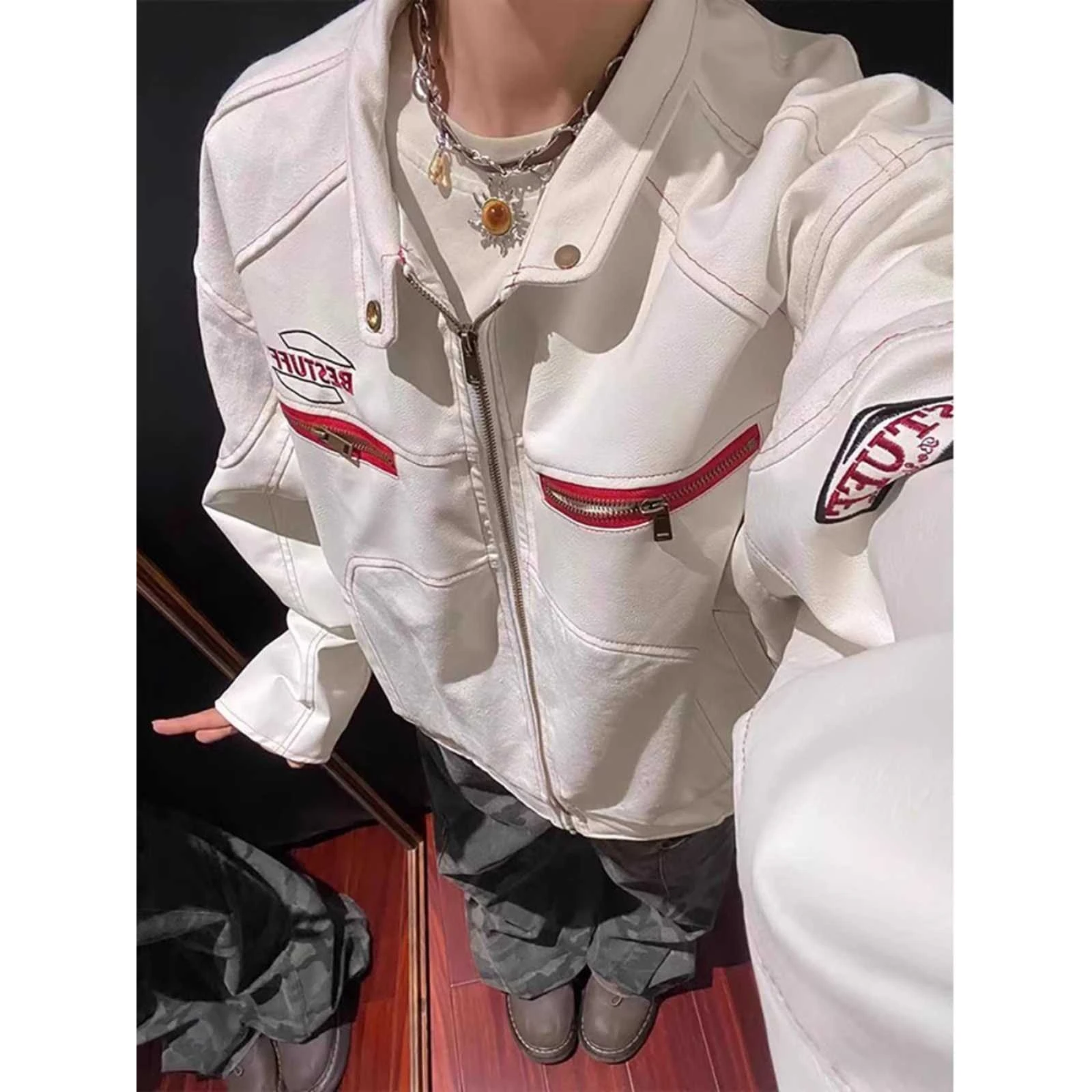 

White ort Leather Jaet Men's Autumn Winter American High Street Motorcycle Sle Embroidered Stand Collar Premium Feel