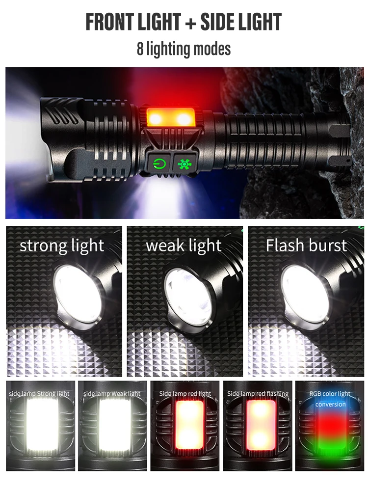 High Power LED Flashlight Super Bright Torch with 30W LED Wick Lighting 1500 m with RGB Side Lights Waterproof Portable Light