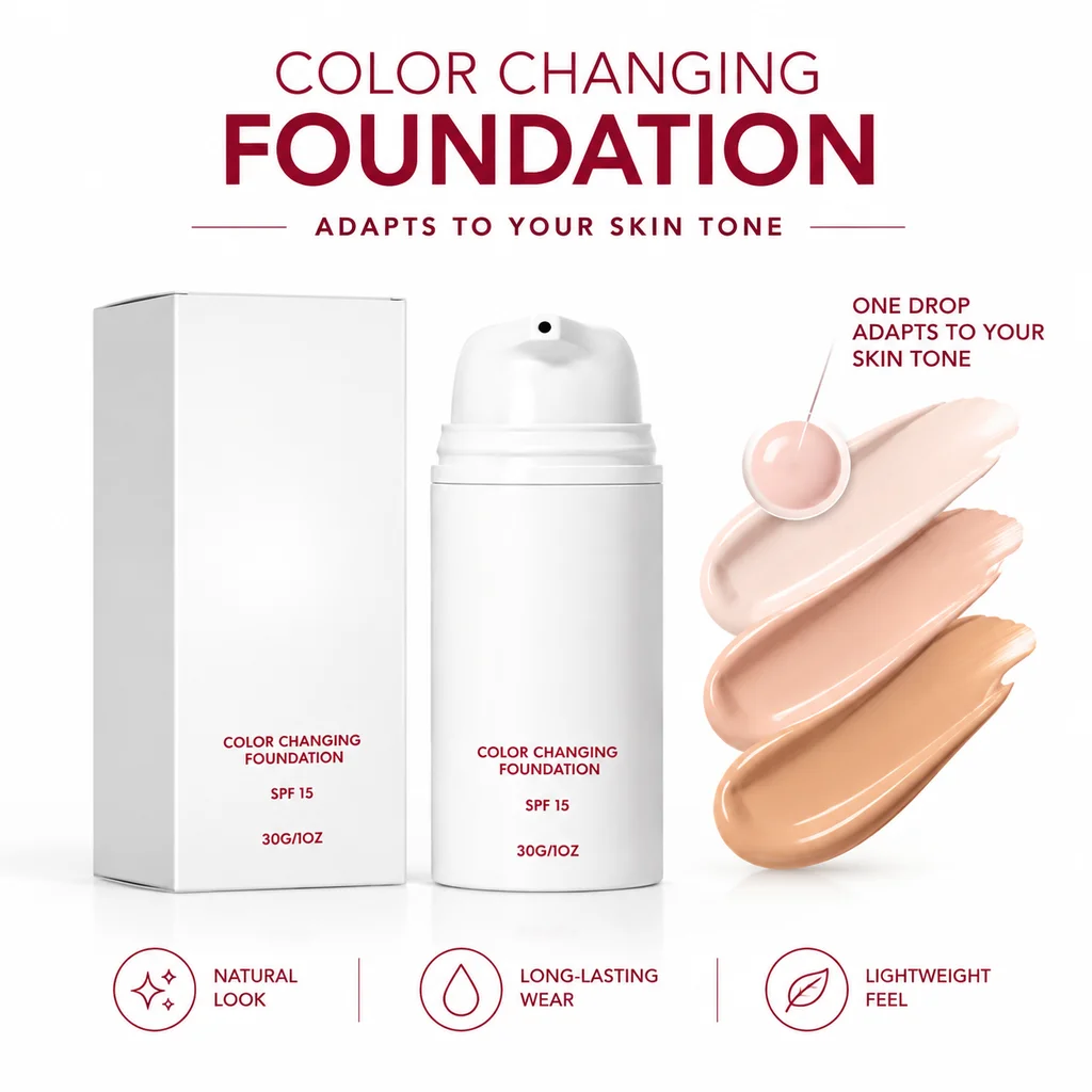 Color Changing Foundation Liquid Skin Tone Adapting Long Lasting Natural Finish Lightweight Flawless Full Coverage Base Makeup