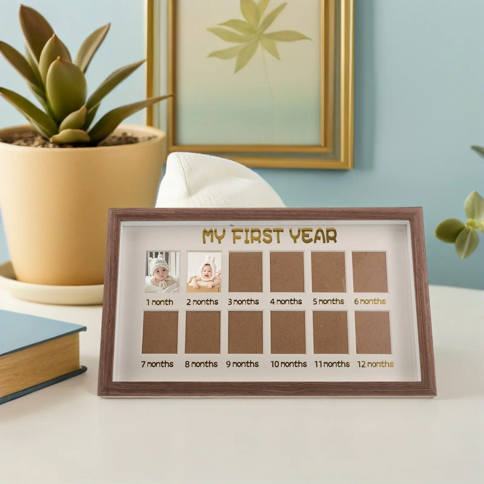 First Year Picture Frame Wood Photo Display Board 12 Slot Grid Layout for Milestone Photos Wall Mount Tabletop Nursery