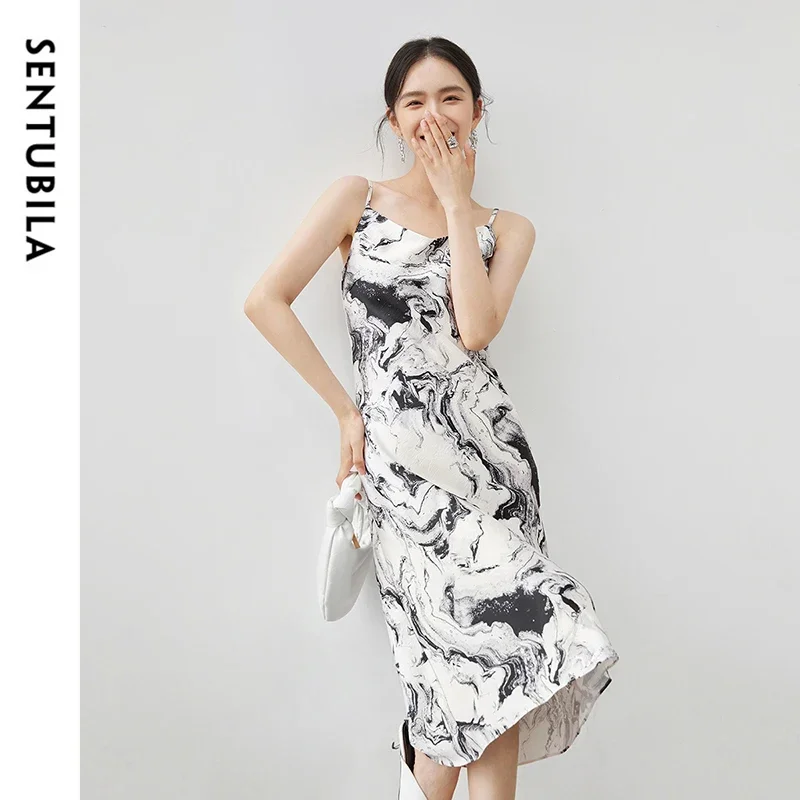 

SENTUBILA Holiday Sexy Dresses Women 2024 Autumn Slim Fit Hight Waist V Neck Mid-length Sleeveless Beach Sundress 143L57332