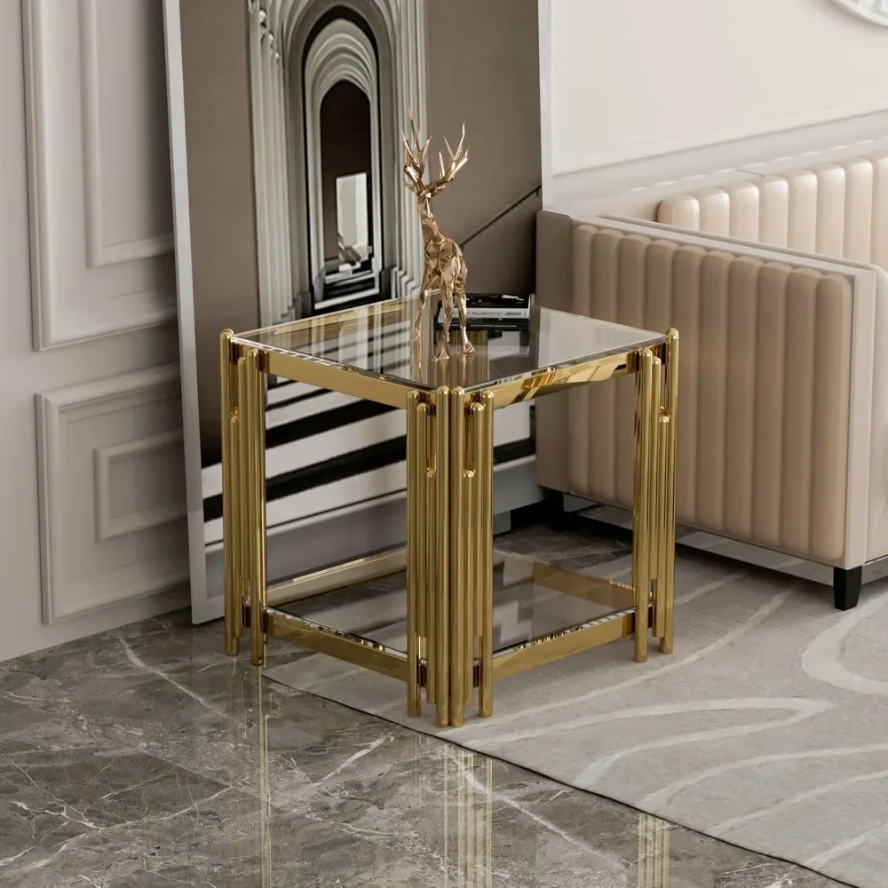 Gold Glass Living Room End Table Sofa Side Table 1Pcs, Stainless Steel Metal Leg, Square Clear Tempered Glass Small Corner Table