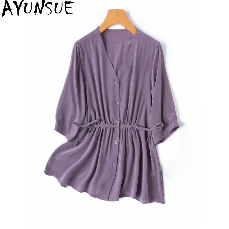 

AYUNSUE 100% шелковые женские блузки, элегантные летние топы с рукавом до локтя для женщин, рубашки с завязками на талии, женская одежда, рубашка