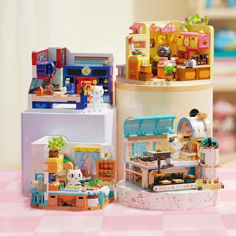Children's play house creative building block toys, a group of cat kitchen series model assembly, children's birthday toy gift