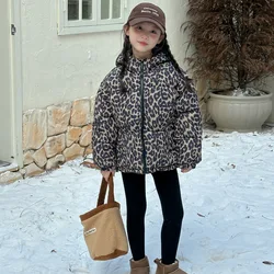 Girls Coat 2024 Autumn New Childrens Clothes Girls Baby Western-style Leopard Print Double-sided Hooded Padded Jacket