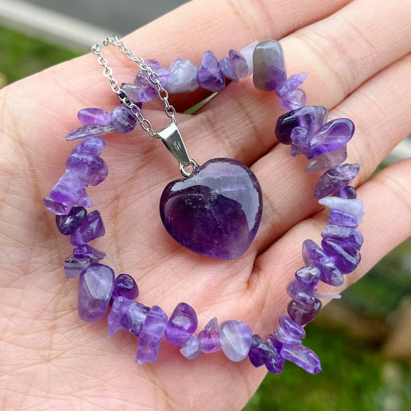 2Pcs Natural Crystal Jewelry Set, Heart Pendant Necklace Chip Bead Stretch Bracelet, Unisex Daily Decor Gift