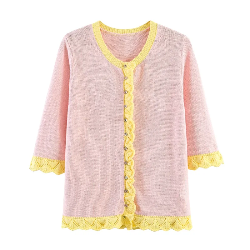 

Withered European And American Style Hollow Spliced Knitted Jacket Top T-shirt Woman Clothes Female Clothing
