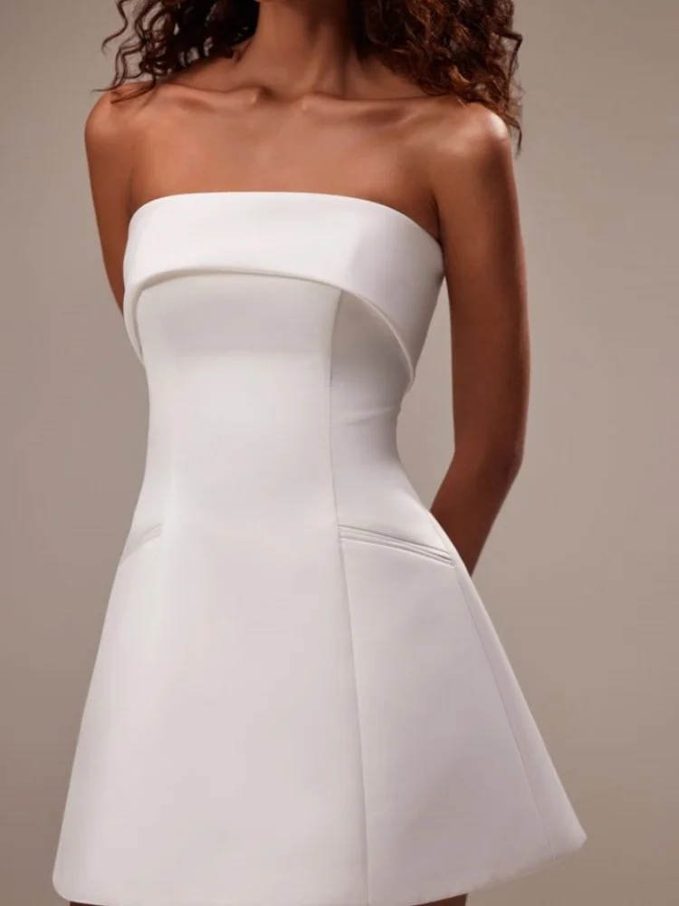 

Short Wedding Dress White Satin Boat Neck A Line Backless Mini Gowns for Bride Customized