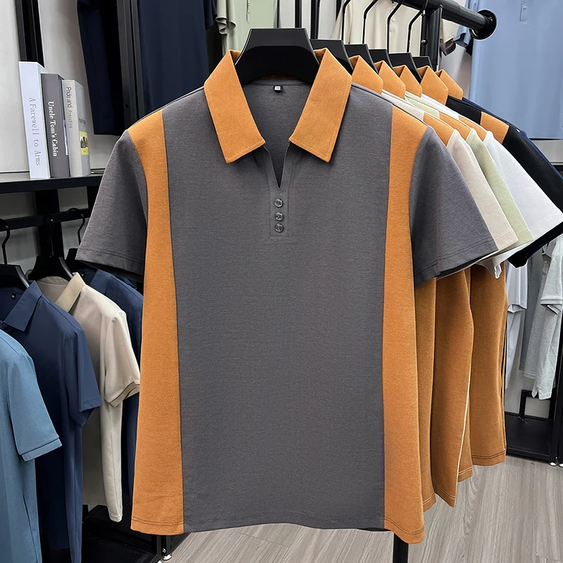 Hochwertiges Marken-Poloshirt aus Seide und Baumwolle mit kurzen Ärmeln bequemes atmungsaktives Herren-T-Shirt Sommer neue Mode Farbblockierung lässiges Oberteil – Detail 15