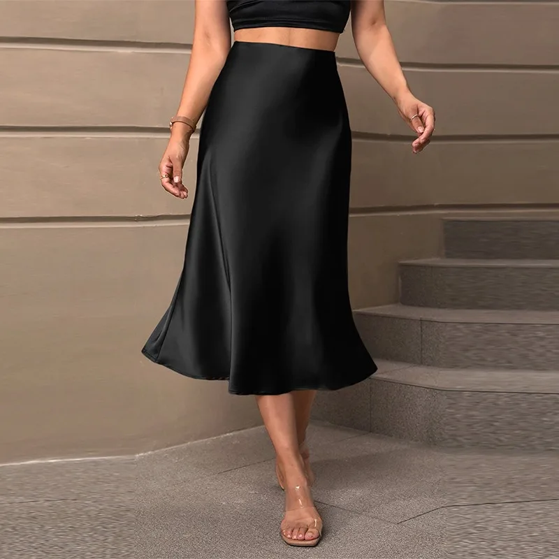 

European American Satin Autumn Elegant Style Polyester Mid-length A-line Skirt