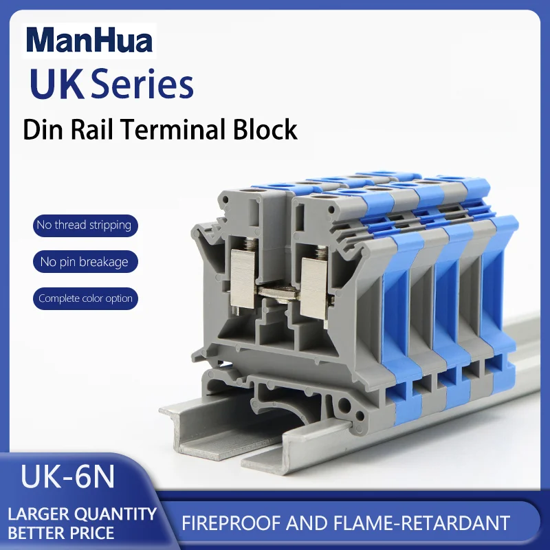 ManHua UK-6N 10Pcs Din Rail Terminal Block Universal Class Connector Screw Connection Terminal Strip Block UK6N Wire Conductor