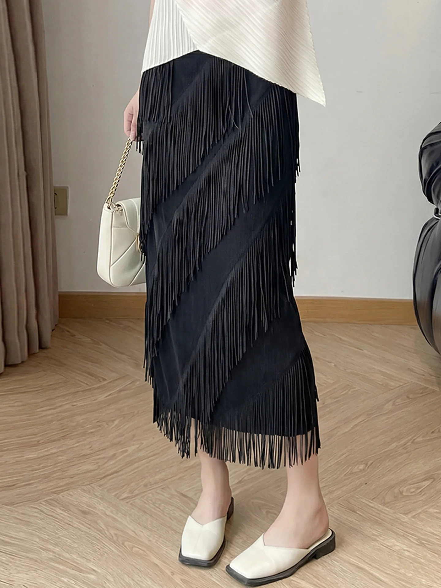 Chic Half-length Tassel Skirt Women's Summer Slimming Polyester Fiber High Waist Straight Cut Commute Friendly Skirt