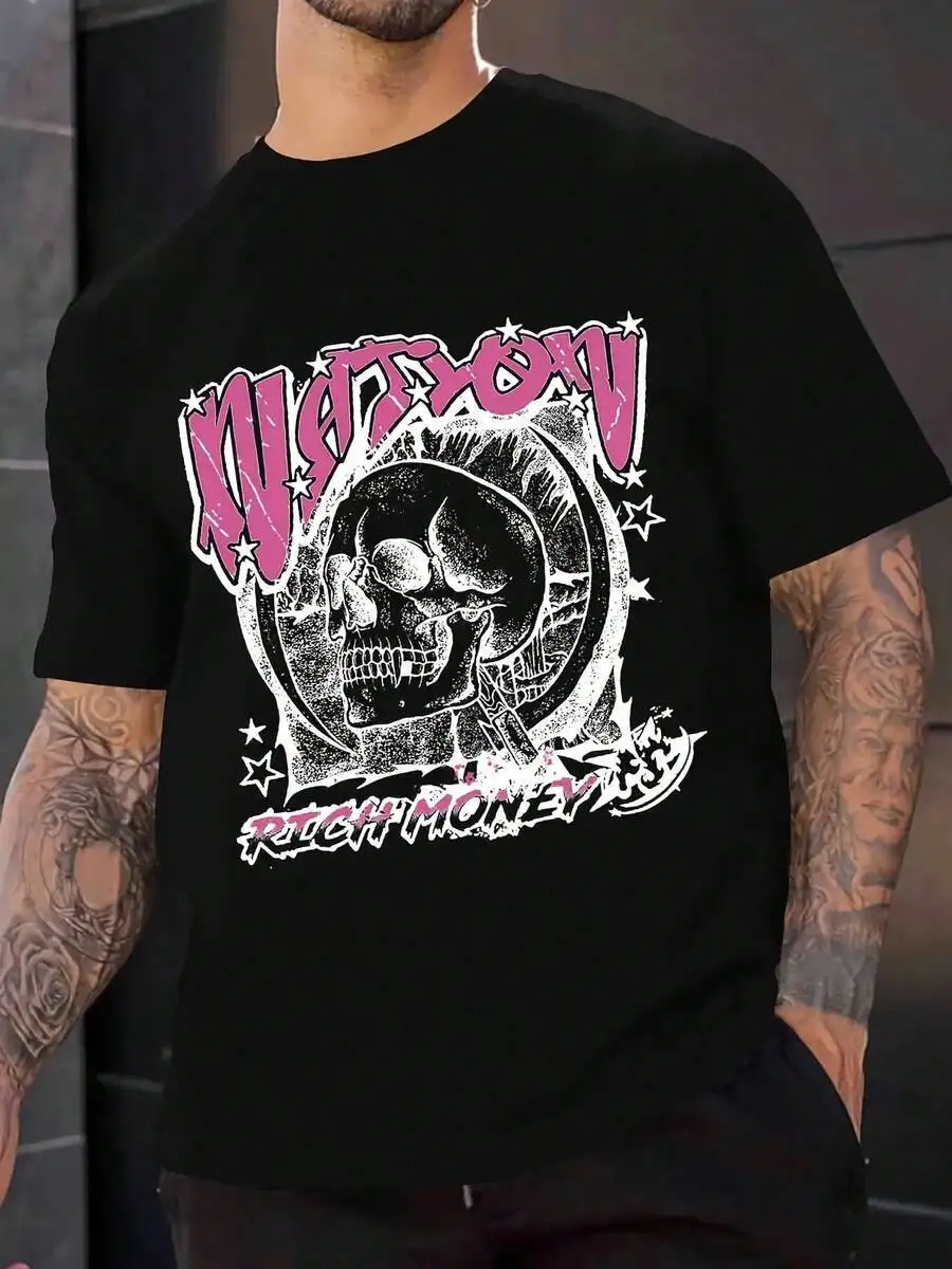 Real Man~Men's Skull Graphic T-Shirt With "Pray Hand" Design - Red Short Sleeve Crewneck, Streetwear Style, Soft Polyester 100%