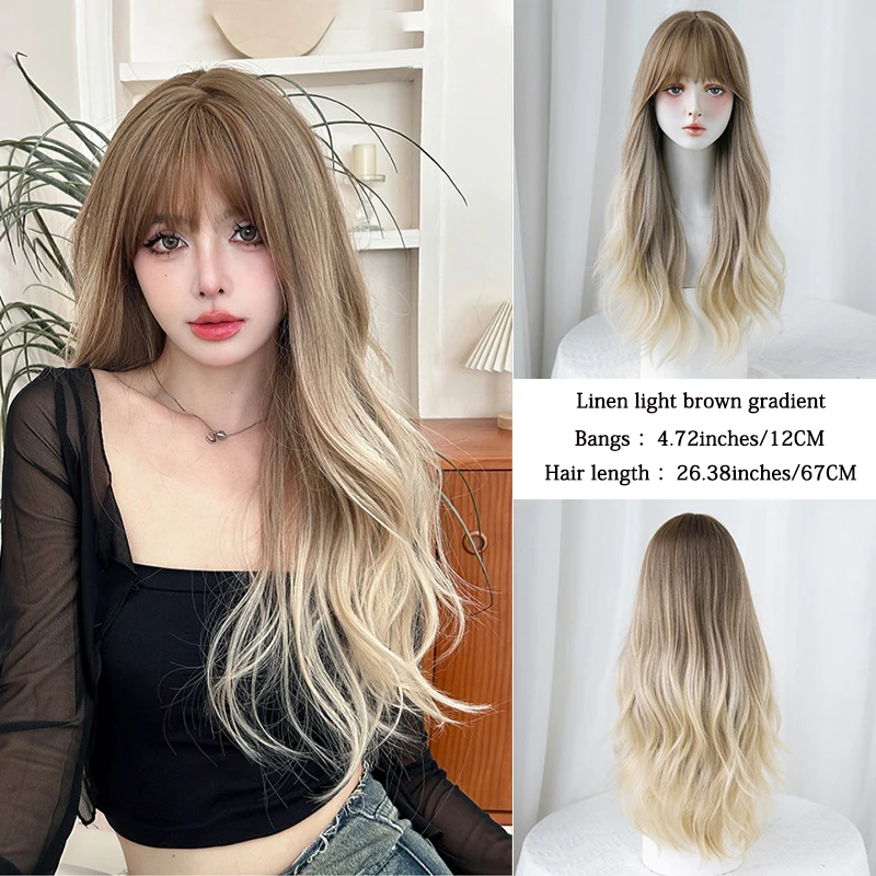 

26-Inch Synthetic Linen Light Brown Gradient Bangs Long Curly Hair, Suitable For Women'S Daily Party Halloween Cosplay Wigs