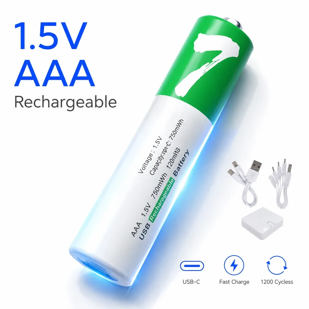 

1.5V AAA Lithium Rechargeable Battery 750mWh Fast Charge with Type-C Cable for Remote Control Flashlight MP3 Alarm Clock