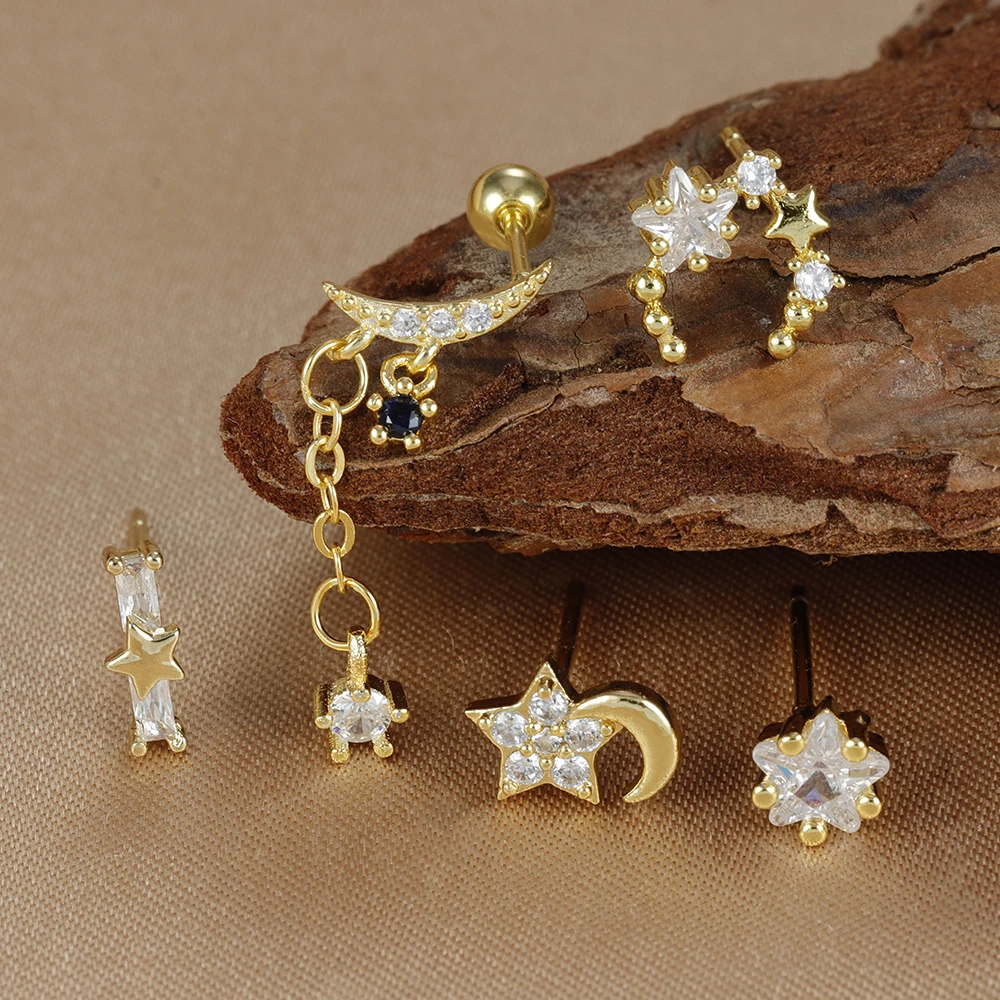 5PCS Fashion 18K Gold Plated Star Moon Stud Earrings Set for Women Stainless Steel Unique Statement Earring Piercing Jewelry