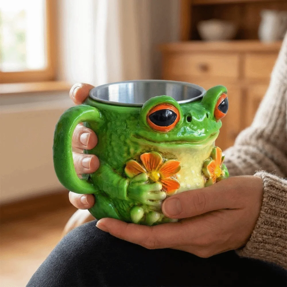 Durable Resin Frog Floral Pattern Mug Creative Anti Slip Cute Animal Cup Anti Scalding Kawaii Cartoon Water Cup Juice view 4