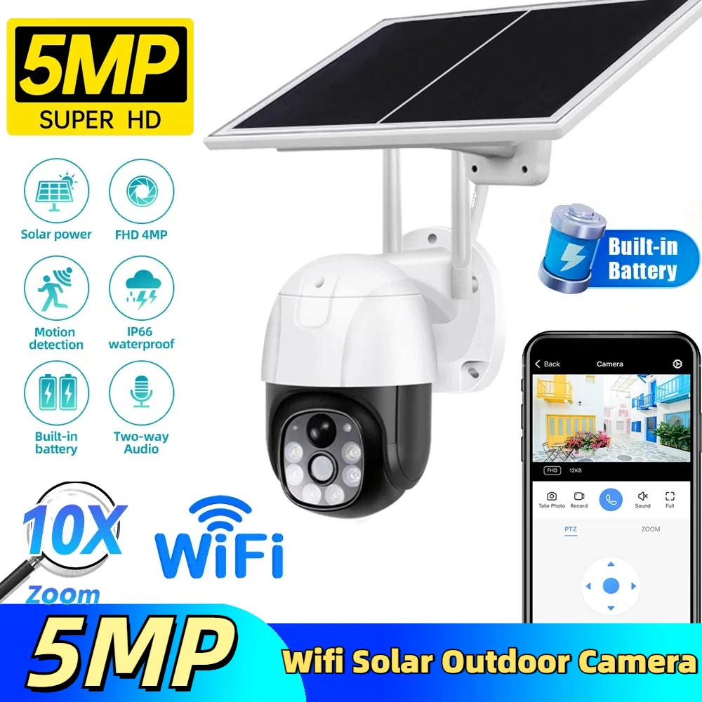 

5MP 10-кратный зум Беспроводная Wi-Fi Солнечная уличная камера PIR Обнаружение человека IP66 Водонепроницаемая встроенная батарея Защита безопасности CCTV