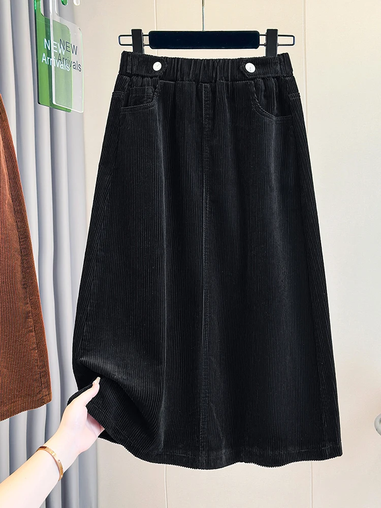 Autumn New Style Corduroy A-Line Midi Skirt High Waist plus Size Women's Loose Fit Casual Cotton Polyester Blend Skirt